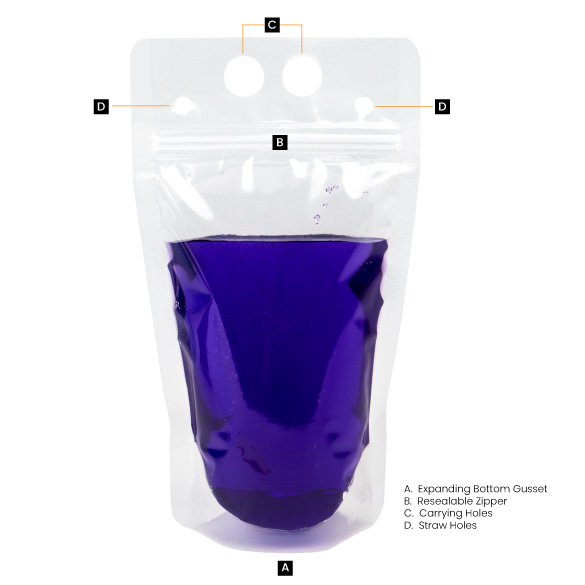 ClearBags Drink Pouches come with an expanding bottom gusset, resealable zipper, carrying holes, and straw holes! 