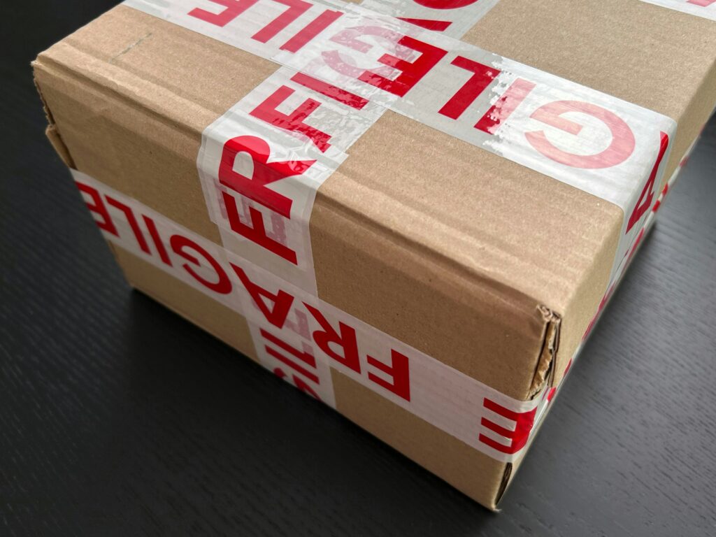 photo of a package with "fragile" labels on it.