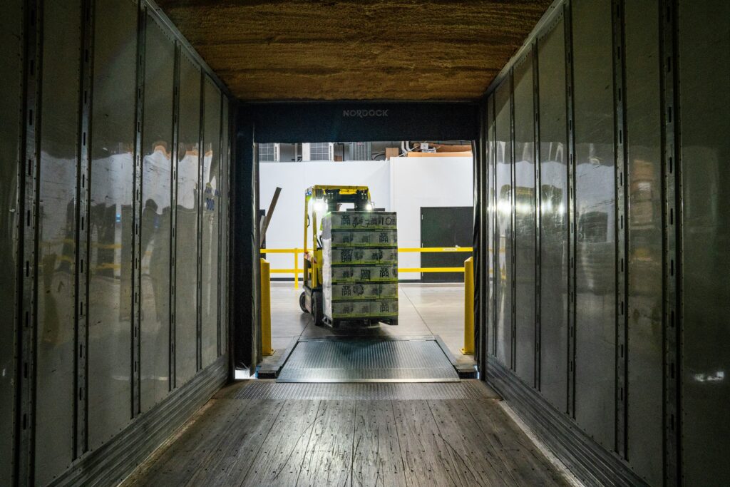 Photo of a palette being loaded into a truck