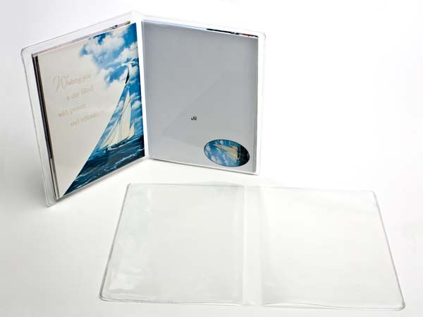 Vinyl Wallets (Card Folders) hold multiple cards and envelopes at once to display multiple designs. 