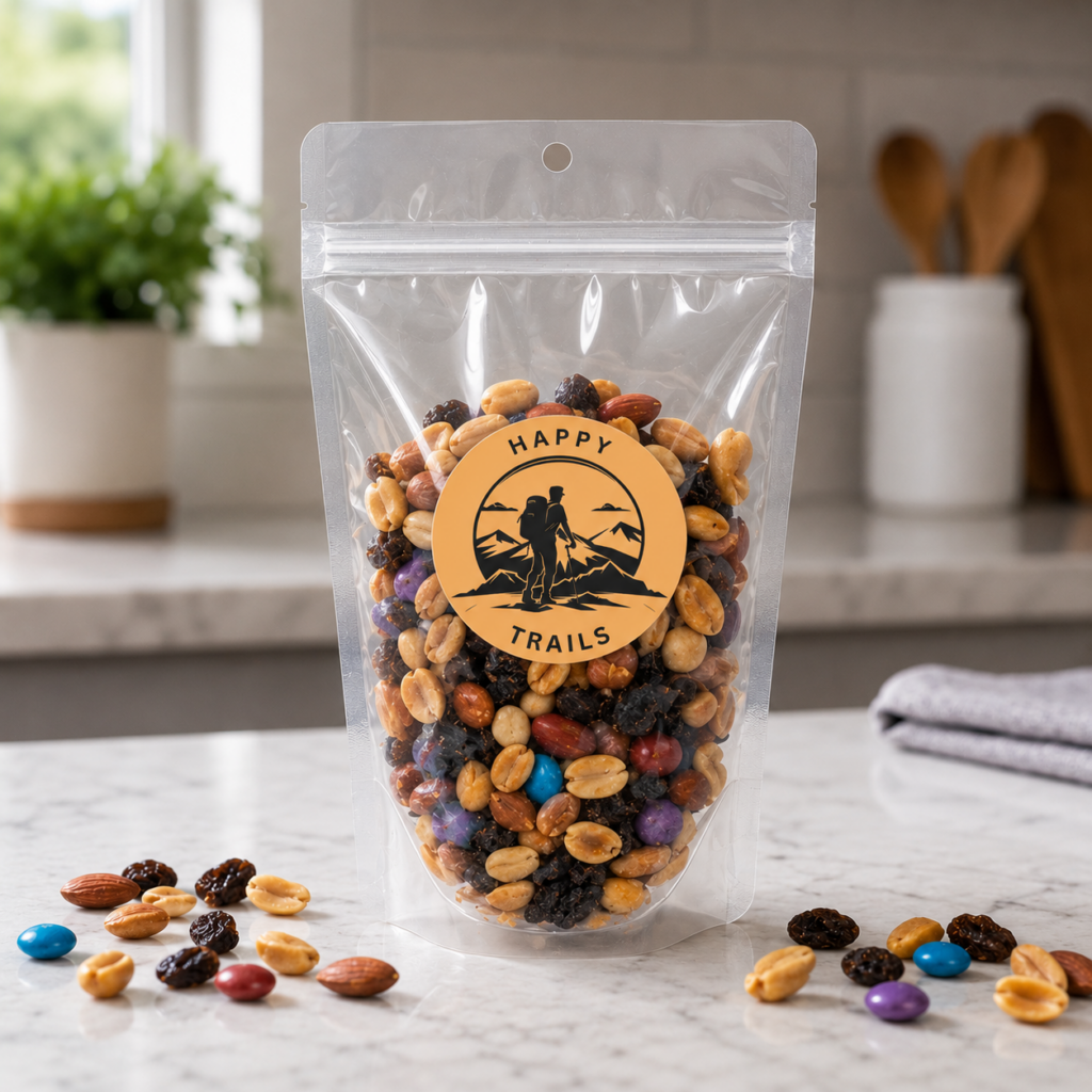 Stand Up Pouches (like ZBG3H pictured above) are perfect for packaging trail mix!
