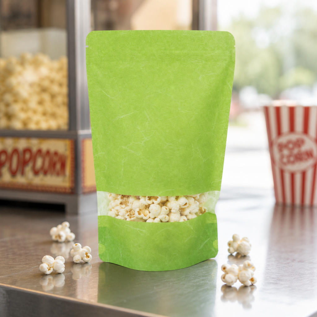Product Spotlight: The ZBGR4GR Rice Paper Zipper Pouch delivers a modern earthy appearance with a clear viewing window and resealable closure ideal for premium popcorn collections.