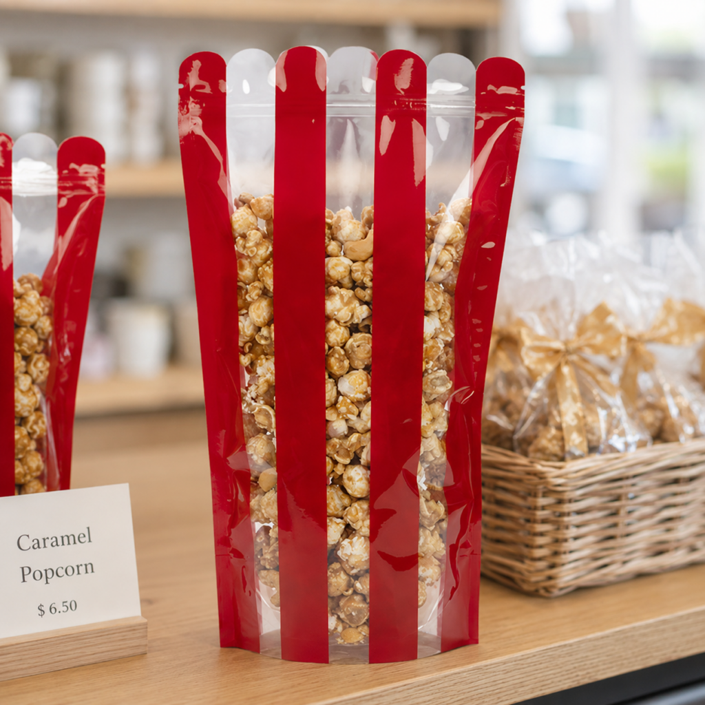 Product Spotlight: The SP4PZXL XL Popcorn Shaped Zipper Pouch offers a nostalgic popcorn-themed design with a stand-up gusset and resealable zipper, making it ideal for parties, retail displays, and seasonal promotions.