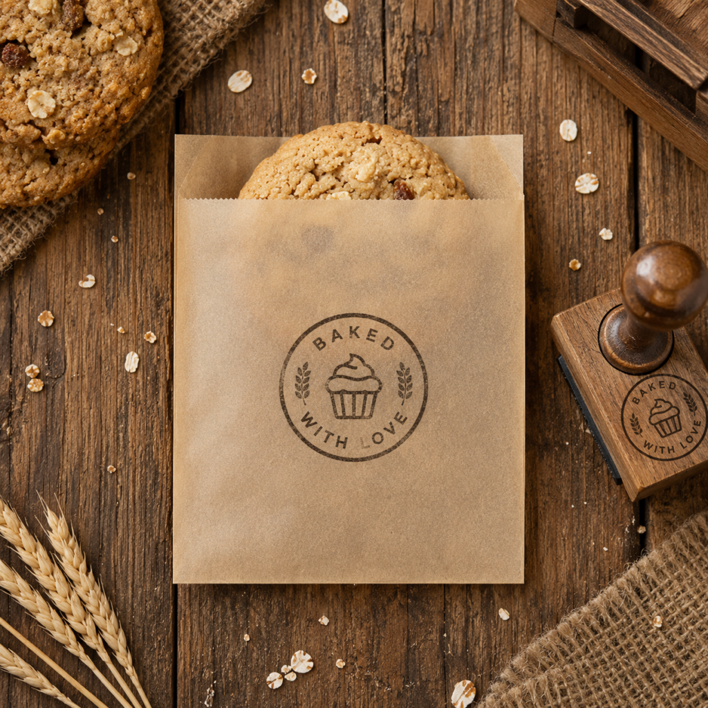 Using a personalized stamp on a kraft bag (like GPB2K shown above) can add a beautiful hand-applied design element. 