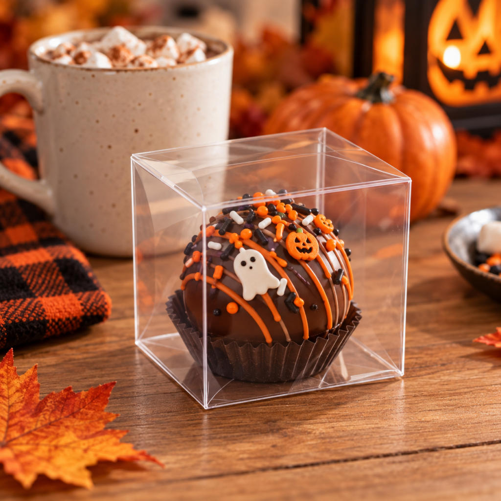 Crystal Clear Boxes (like PLB58) are perfect for a standard sized hot cocoa bomb!
