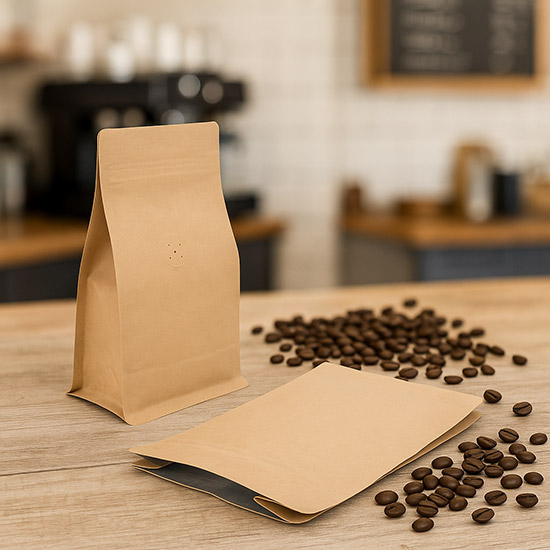BBC2K's box bottom helps it sit nicely on shelves, counters, and tables for a visually appealing way to package coffee. These bags also come with a degassing valve.