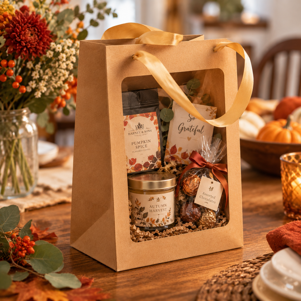 Show your host you're thankful for their hosting efforts by creating a "Host Survival Kit". A windowed gift bag (like GMBW2K shown above) are classy and unique!